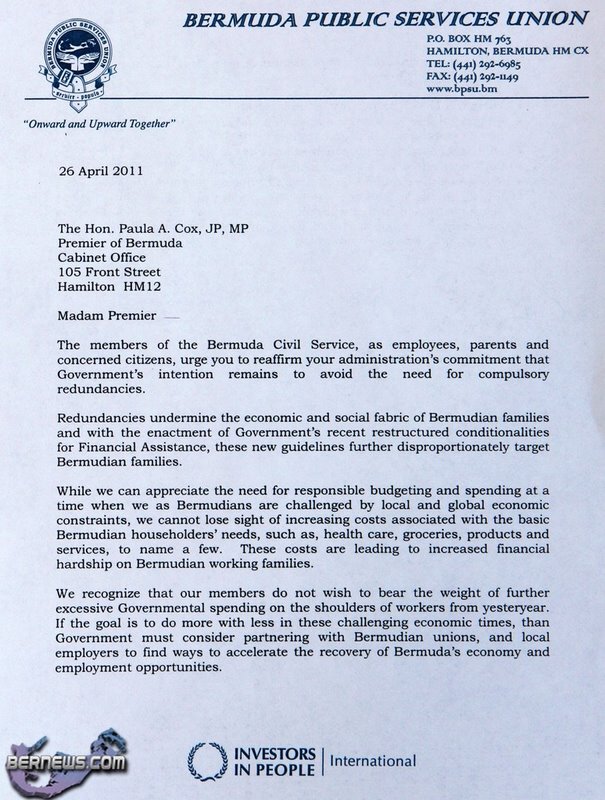 BPSU March Letter To Premier Bermuda April 26 2011