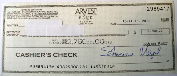 Fake Cashier's Cheque June 2 2011