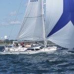 2012 Newport Bermuda Yacht Race -start in Narragansett Bay. Contingency, an Oyster 53 cruising yacht, skippered by Scott Bickford