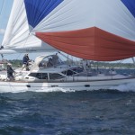 2012 Newport Bermuda Yacht Race -start in Narragansett Bay. Wischbone, an Oyster 53 cruising yacht owned by Cynthia Crofts-Wisch