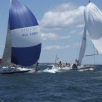 2012 Newport Bermuda Yacht Race - start in Narragansett Bay. Misty (US43553) chasing down an over-pressed competing yacht whose crew are recovering from a broach