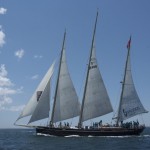 The Bermudian 3-masted sail training schooner Spirit of Bermuda led the fleet away. 2012 Newport Bermuda Yacht Race -start in Narragansett Bay