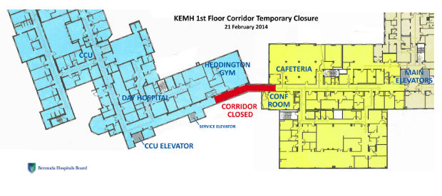 KEMH 1st floor corridor closure map Feb 2014