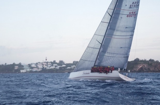 2014 Newport Bermuda Race. Shockwave owned by George Sakellaris, closing on the St. David's Lighthouse finish line to take line honours 7 minutes ahead of rival mini maxi Bella Mente with a time of  2days 15 hours 24 mins, 11 secs.
