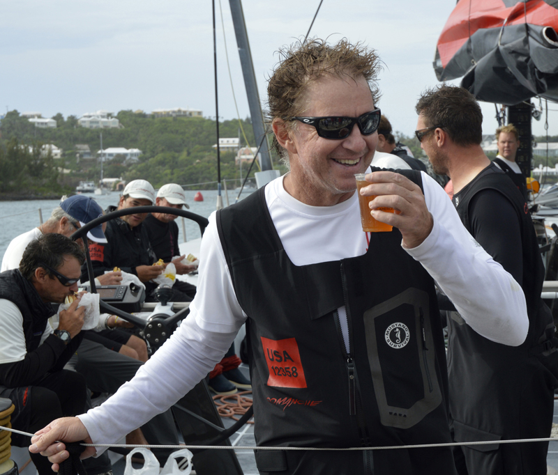 2016 Newport Bermuda Yacht Race finish.  Welcome to Bermuda! Ken Read, skipper of the 100ft COMANCHE sips a Gosling's Dark 'n Stormy drink to  celebrate setting a new elapsed  time  record of 34h 52m 53s, breaking the previous record set by RAMBLER IN 201