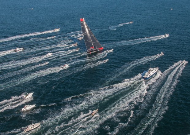 2016 Newport Bermuda Yacht Race start. COMANCHE skippered by Ken Read, blasts away from the start at 25knots, in the hope of breaking the course record of 39 hours 39 minutes