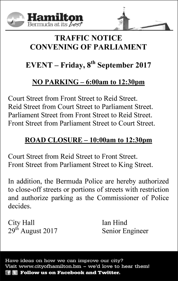 Traffic Notice Convening of Parliament Bermuda Sept 2017
