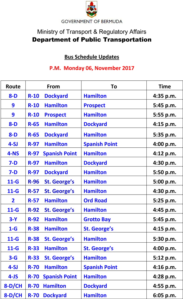 Bus Schedule Updates Monday 06-11-2017