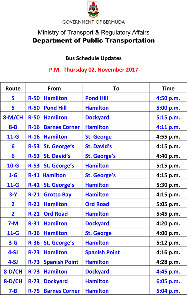 Bus Schedule Updates Thursday 02 November-2017-2