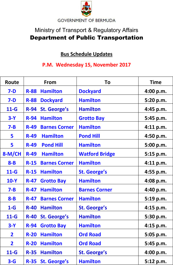Bus Schedule Updates Wednesday 15 November 2017-2