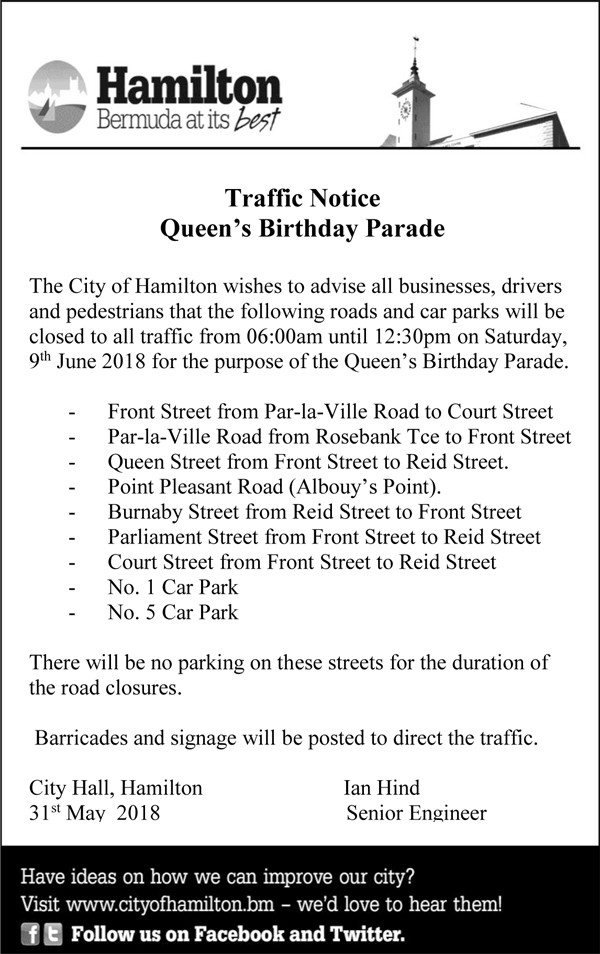 Traffic Notice Queens Birthday Parade Bermuda June 2018