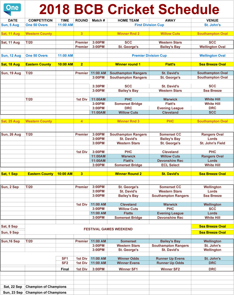 T20 Cricket Schedule Bermuda July 2018