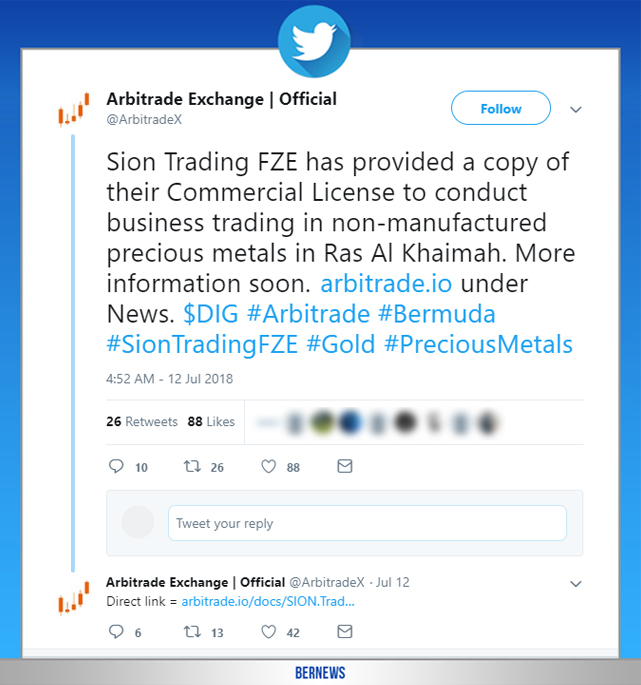 Arbitrade Exchange tweet Bermuda July 2018