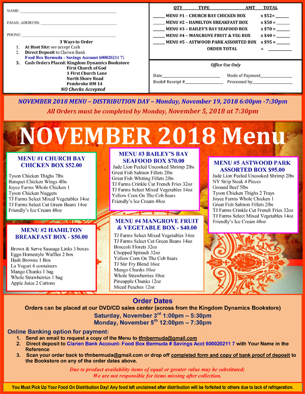 Food Box Bermuda November 2018 menu