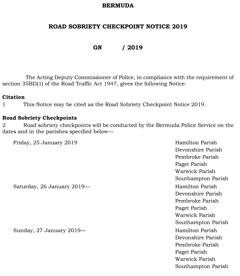 Road Sobriety Checkpoint Notice 2019