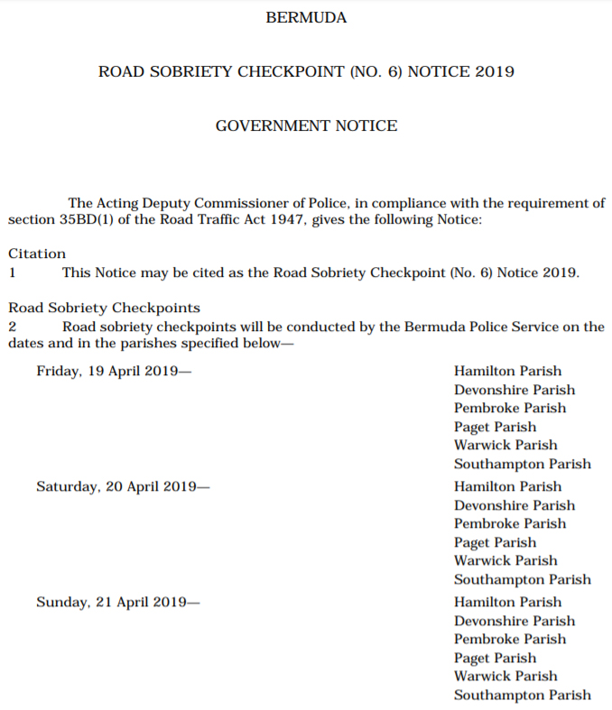 Road Sobriety Checkpoint (No. 6) Notice 2019