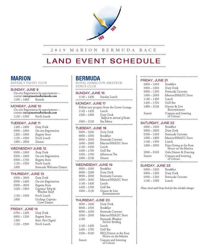 Marion Bermuda Race Land Event Schedule June 2019