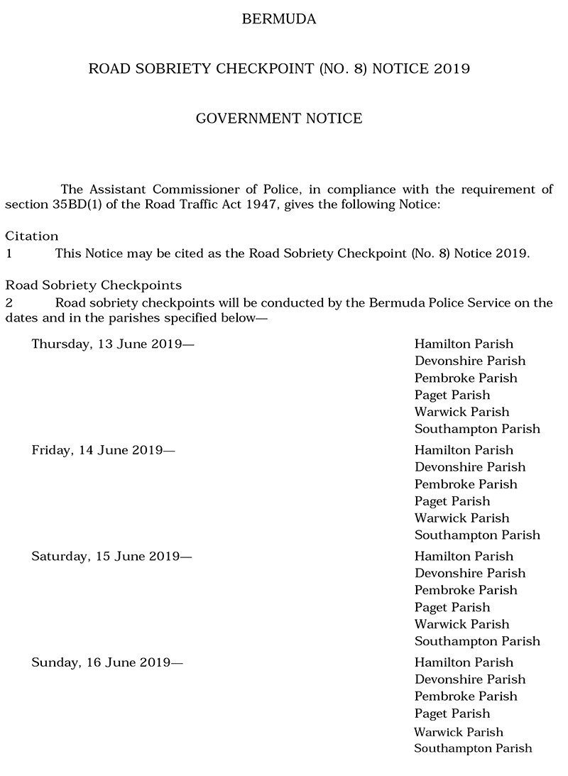 Road Sobriety Checkpoint (No. 8) Notice 2019