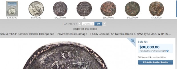 (1616) 3PENCE Sommer Islands Threepence -- Environmental Damage --  Lot #3676  Heritage Auctions - Google Chrome 05092019 112356 PM