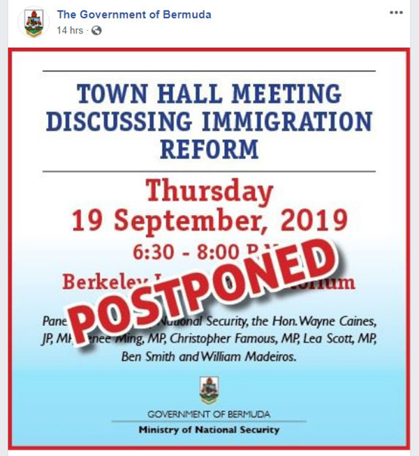 Town Hall Postpones Bermuda Sept 17 2019