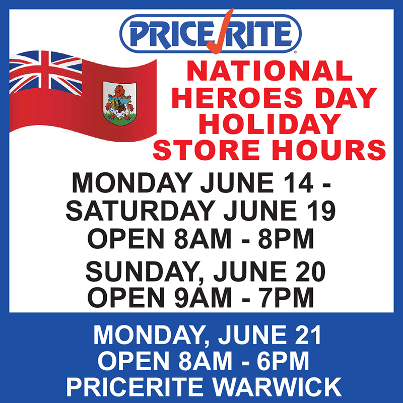 PriceRite MarketPlace Heroes Days Store Hours Bermuda June 2021