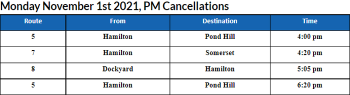 Bus Cancellations PM Bermuda Nov 1 2021