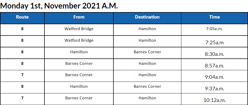 Bus cancellations AM Bermuda November 1 2021