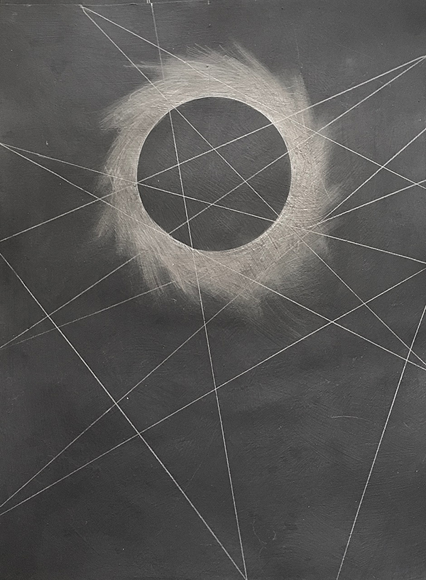 Charles Zuill, Eclipse, brass and silverpoint drawing on black gesso Bermuda Nov 29 2021