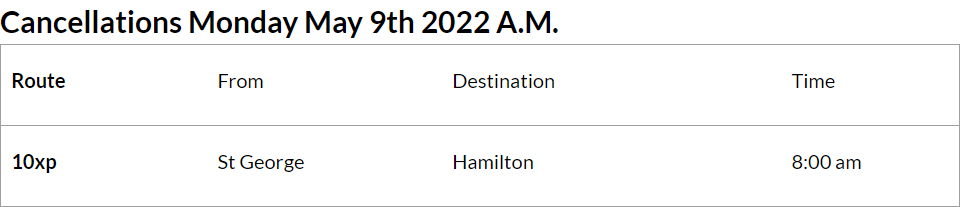 Bus cancellations AM Bermuda May 9 2022