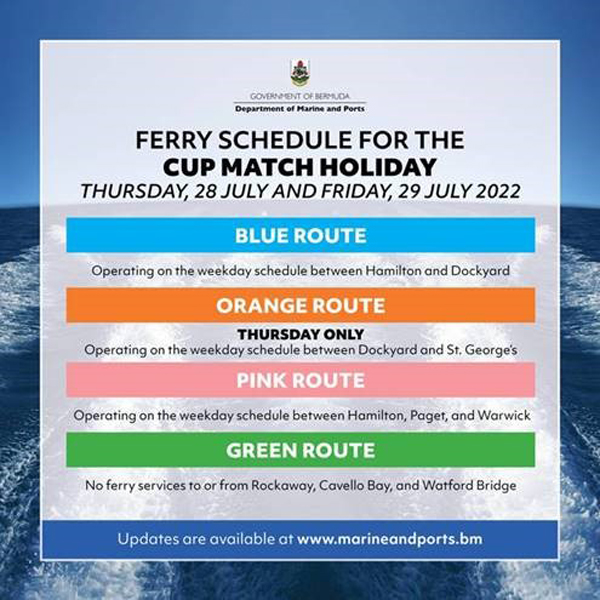 Cup Match Holiday Ferry Schedule Bermuda July 2022