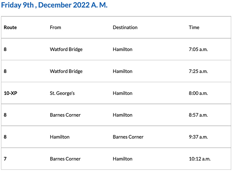 Bermuda Bus Alert [AM] December 9, 2022