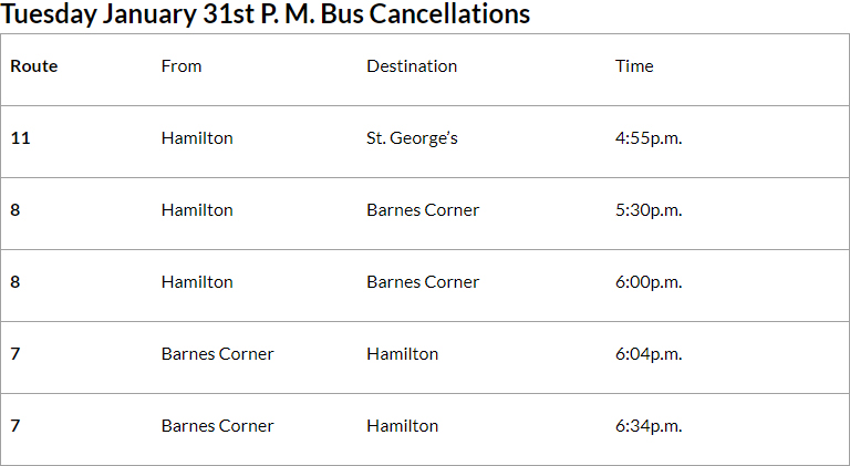 Bus Cancellations PM Bermuda Jan 31 2023