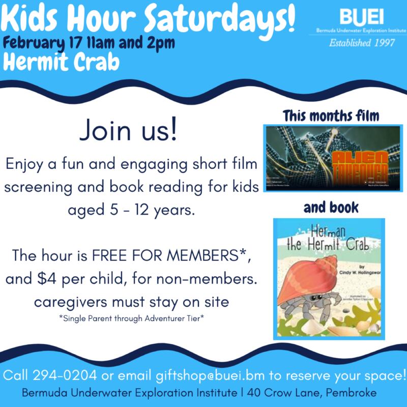 BUEI Kids Hour Saturdays Hermit Crab Bermuda February 2024