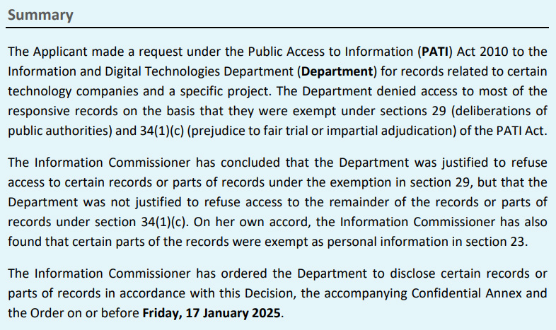 Decision 33 2024, Department of Information & Digital Technologies summary
