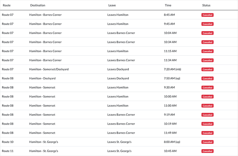 Bus cancellations AM Bermuda Feb 18 2026