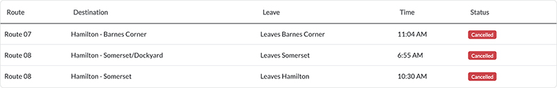 Bus cancellations AM Bermuda July 14 2026