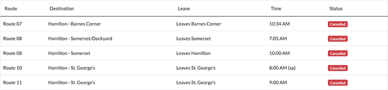 Bus cancellations AM Bermuda July 29 2026