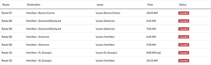 Bus cancellations AM Bermuda August 28 2026