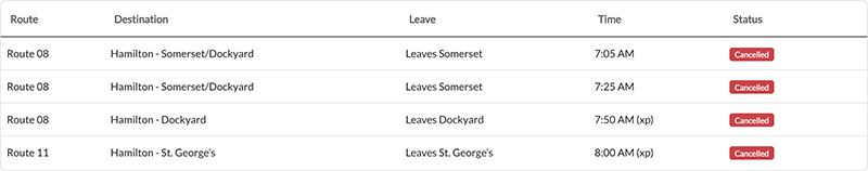 Bus cancellations AM Bermuda Sept 16 2026