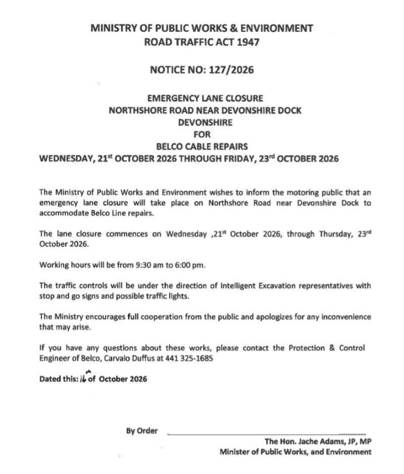 Lane Closure On North Shore Road For Repairs Notice Bermuda Oct 2026